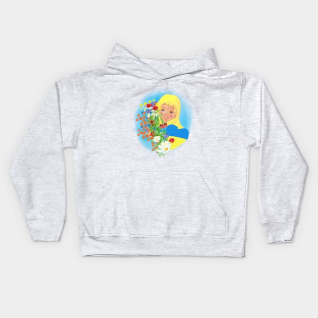 Ukrainian girl in a wreath with a heart in the colors of the flag of Ukraine. Peace to Ukraine Kids Hoodie by sonaart